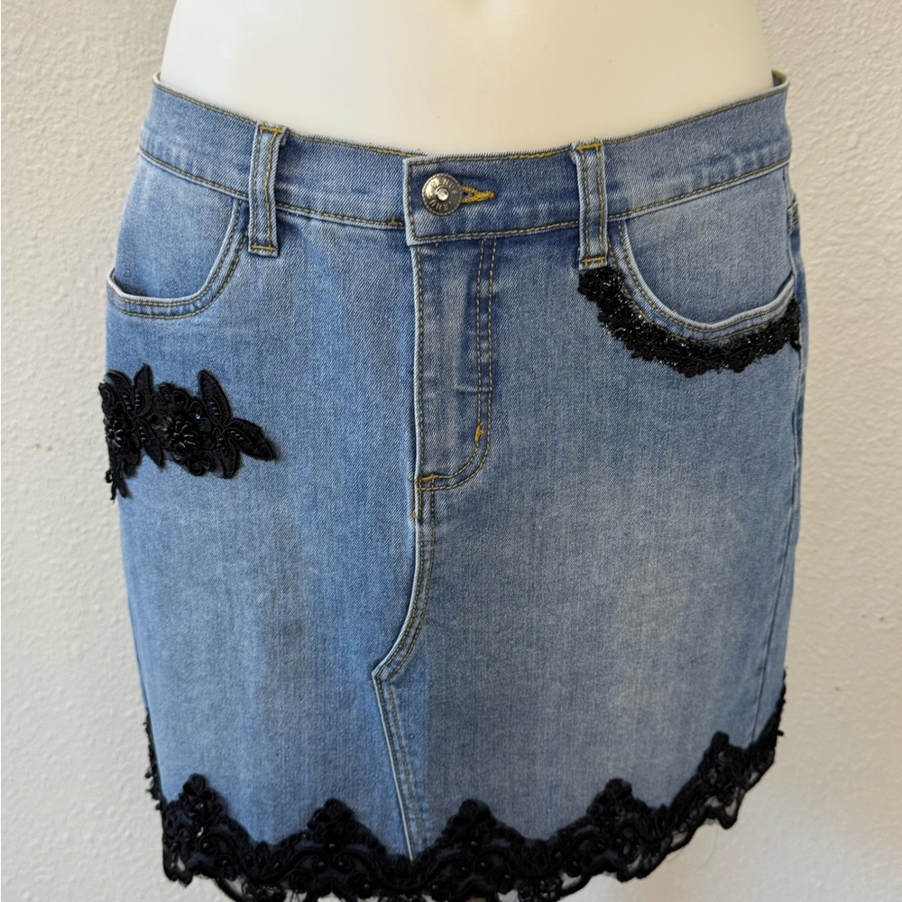 Venus Blue Denim Skirt with Black Sequins, Beaded, Embroidered, Lace Trim Size 8